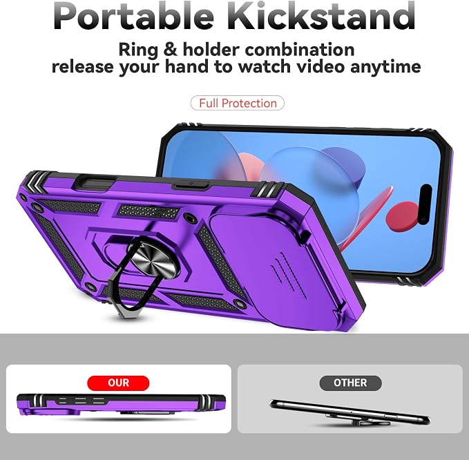 SunStory Phone Case for iPhone 17 Pro Max Case with HD Screen Protector & Slide Camera Cover & Rotated Ring Kickstand, [Military-Grade] Phone Case for iPhone 17 Pro Max, Purple - Image 2