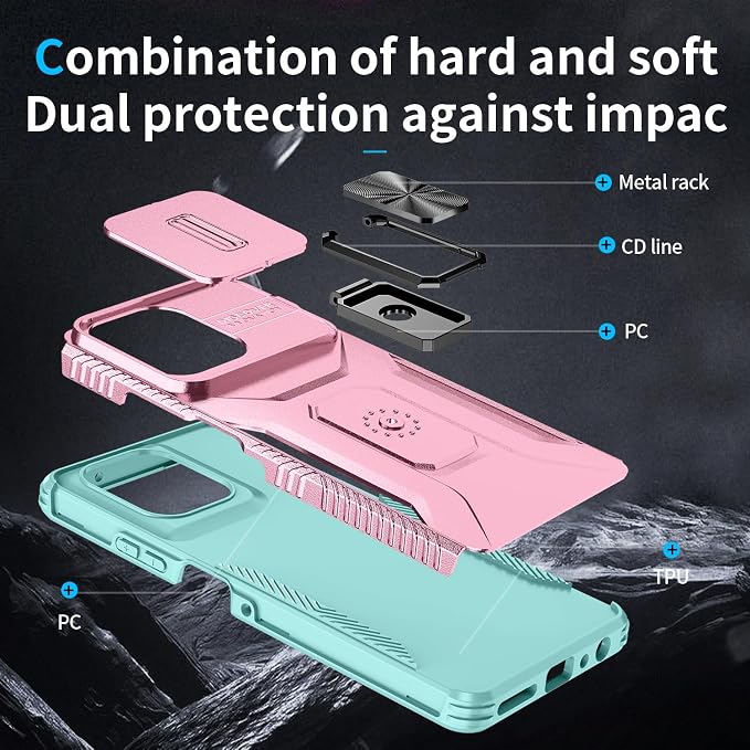 for Moto G Play 5G 2025 Case with Sliding Camera Lens Cover,HD Screen Protector,360° Rotating Ring Kickstand,AYMECL Military-Grade Shockproof Protective Cover for Motorola G Power 2025,Pink+Turquoise - Image 4