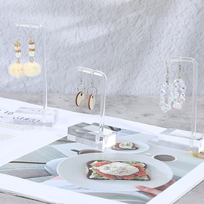 Amabro 3Pcs Clear Acrylic Earring Display Stands Jewelry Holder Stud Hoops | Transparent L-Shaped Earring Organizer Rack Dual Large Holes Hanging Display Holders Studs Tabletop Craft Shows Product Photo - Image 5