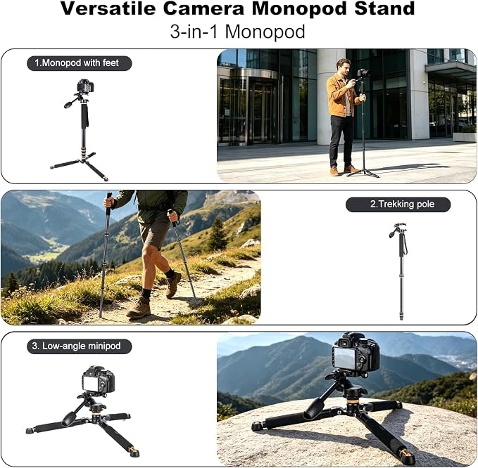 Koolehaoda 71.6” Camera Monopod with 3-Way Pan Tilt Head & Detachable Feet | Aluminum Tripod & Monopod Photography Unipod Stick for DSLR, Camcorder, Vlog & Sports Shooting - Image 2