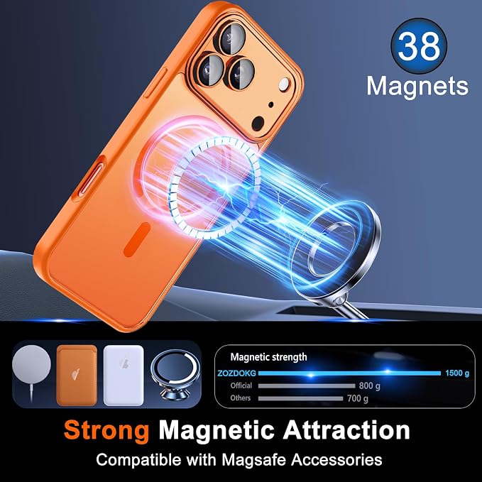 Magnetic for iPhone 17 Pro Max Case, Shockproof Cover, Orange | Full Camera Protector, with Privacy Screen Protector, Compatible with MagSafe, Translucent Matte, Military-Grade Protection - Image 3