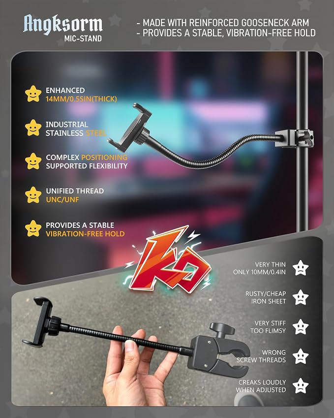 KBC1417 Phone Holder for Mic Stand, 13-Inch Gooseneck, Super Clamp | Mic Stand Phone Mount, Music Stand Phone Holder, Super Clamp Mount, 13-Inch Gooseneck, 0.47-1.8 Inch Pole Clamp - Image 3
