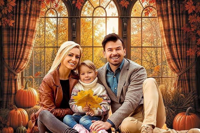 Autumn Fall Window Backdrop 10x8ft Rustic Wooden Arched Window with Pumpkin Maple Leaves Thanksgiving Harvest Photo Background for Party Decor Portrait Photography Booth Props Vinyl - Image 6