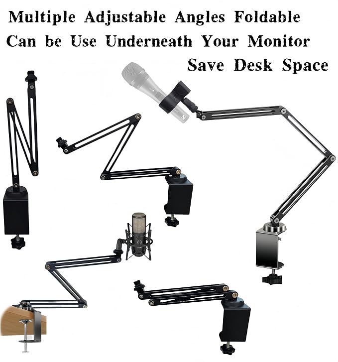 Low Profile Mic Boom Arm, 360° Rotatable 3-Section Foldable Desk Microphone Stand, 2.5kg Heavy Duty C Clamp Mic Mount with 1/4 3/8 5/8 Screw Adapter for Streaming Podcast(C Clamp Mount) - Image 7