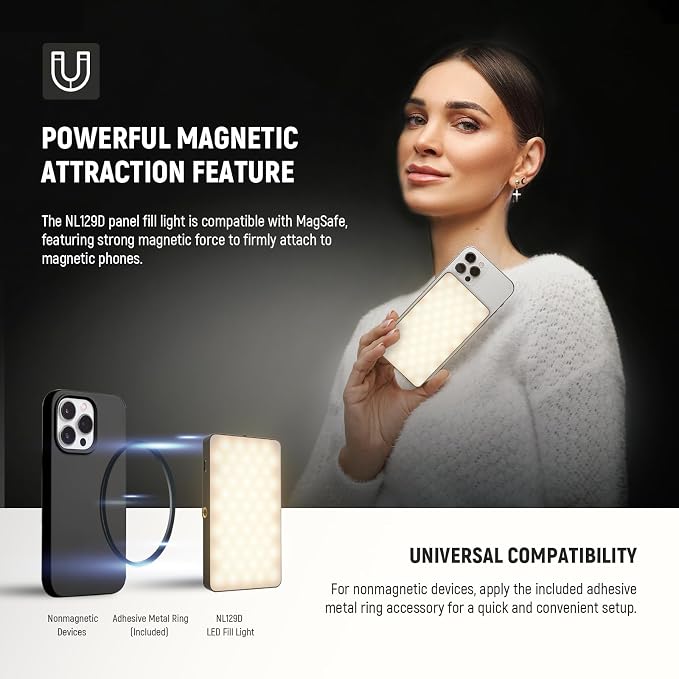 NEEWER Basics 5W Magnetic Phone Selfie Light for iPhone MagSafe, Dual Sided Clip LED Lighting 402lx/0.5m CRI90+ 3000mAh for Camera Recording Computer Video Conference Makeup Streaming, NL129D - Image 5