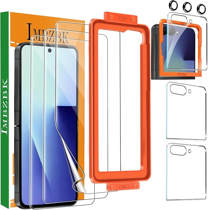 IMBZBK 9 in 1 Screen Protector for Samsung Galaxy Z Flip 7, 3+3+3 Pack | Auto Installation, 3 Inside Flexible Film + 3 Front Tempered Glass + 3 Camera Lens Protector Accessories by IMBZBK