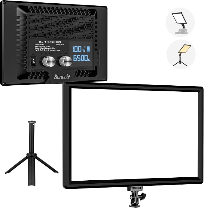 15W LED Video Lighting Kit, 9" Camera Light with 5000mAh Battery | 3000-6500K CRI 97+ Dimmable Bi-Color Soft Photo Light for Studio & Outdoor Photography Vlog Video Conference Live Streaming by Bonvvie