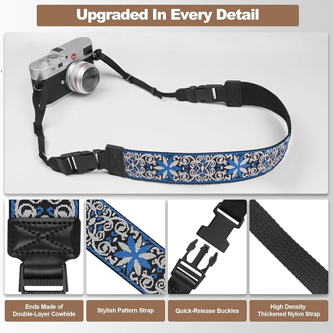 Adjustable Camera Neck Strap, Vintage Embroidered Shoulder & Crossbody Camera Strap with 4 Connection Ways, Anti-Slip Camera Strap for DSLR, Mirrorless & Camcorder, Travel & Outdoor Photography Gear - Image 5