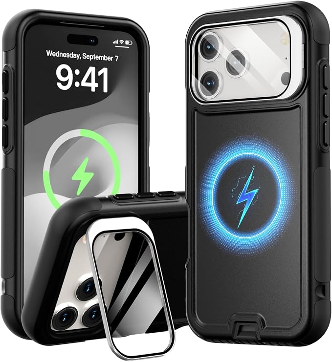 Follaroma Magnetic for iPhone 17 Pro Case with Camera Cover Stand, Black | Built-in Glass Camera Cover Stand,Compatible with MagSafe,Heavy Duty Shockproof Protective,Military-Grade Anti-DropDual Case by Follaroma