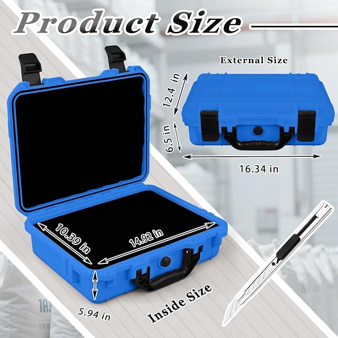 Relaxweex 1 Pcs Waterproof Hard Case with DIY Customizable Foam Insert Portable Protective Case with Knife for Camera Drones Equipments Tools Test Instruments(Blue,16.3 x 12.4 x 6.5 Inch) - Image 2
