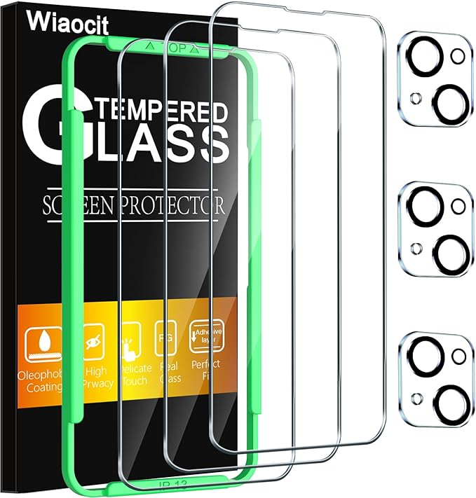 Wiaocit Tempered Glass Screen Protector for iPhone 13 | 3+3 Pack, 9H Hardness, Camera Lens Protector, Installation Frame, Bubble Free, Case Friendly by Wiaocit
