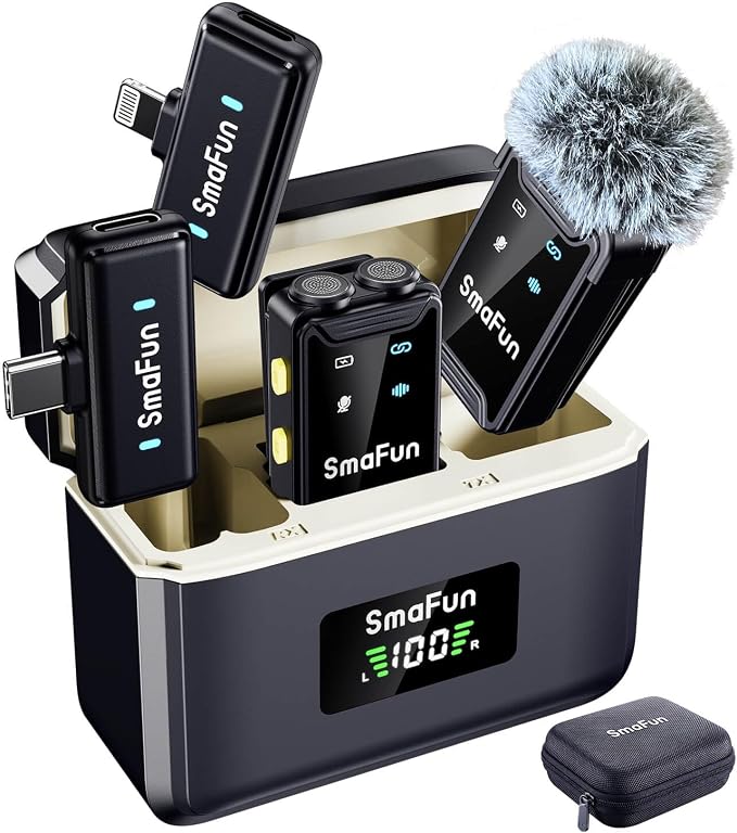 Wireless Microphone for iPhone Android, SmaFun TwinCast S2 Lavalier Microphone, 2 Mics 2 Receivers with Lightning USB-C, Noise Cancelling Clip On Mic, 48H Charging Case, 328FT for Video TikTok YouTube by SmaFun