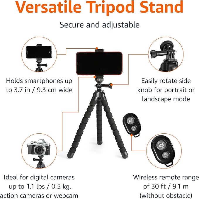 Amazon Basics Portable and Flexible Tripod with Wireless Remote and Smartphone Clamp, 10-inch, Black - Image 2