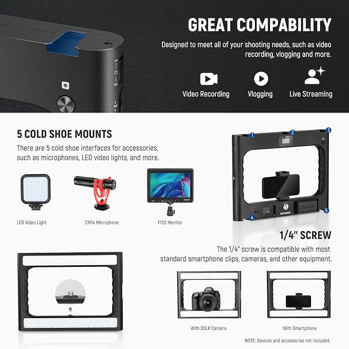 NEEWER RGB-A111 II Smartphone Video Rig with Light Kit, Support Vertical Shoot, Handheld Phone Camera Cage Stabilizer with Cold Shoes/Shutter/Battery, 17 Scenes RGB Ring Light 2500K-10000K CRI97+ - Image 5
