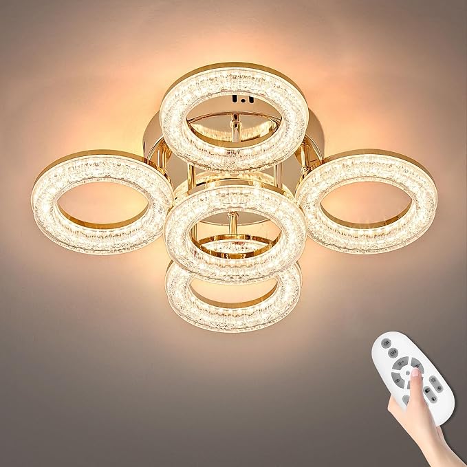 Modern Ceiling Light, 5 Rings 16.9'' Dimmable LED 49W Flush Mount Ceiling Lights with Remote Acrylic Crystal Round Ceiling Light Fixture, Bedroom Living Room Dining Room, Gold by OKELI