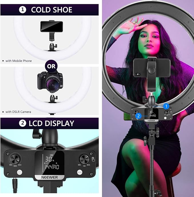 Neewer 18-inch RGB Ring Light with APP Control, Dimmable Bi-Color 3200K-5600K CRI 97+ LED Ring Light with Stand, 0-360 Full Color, 9 Scenes Effect for Selfie/Makeup/Party/Vlog/YouTube/Photography - Image 7
