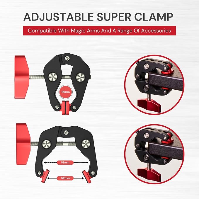 REFLEX CAMERA Super Clamp With 1/4" and 3/8" Threaded Holes for Mounting Cameras, Lights, Umbrellas, Hooks, Shelves, Plate Glass, Cross Bars, compatible with Magic Arm and more... - Image 3