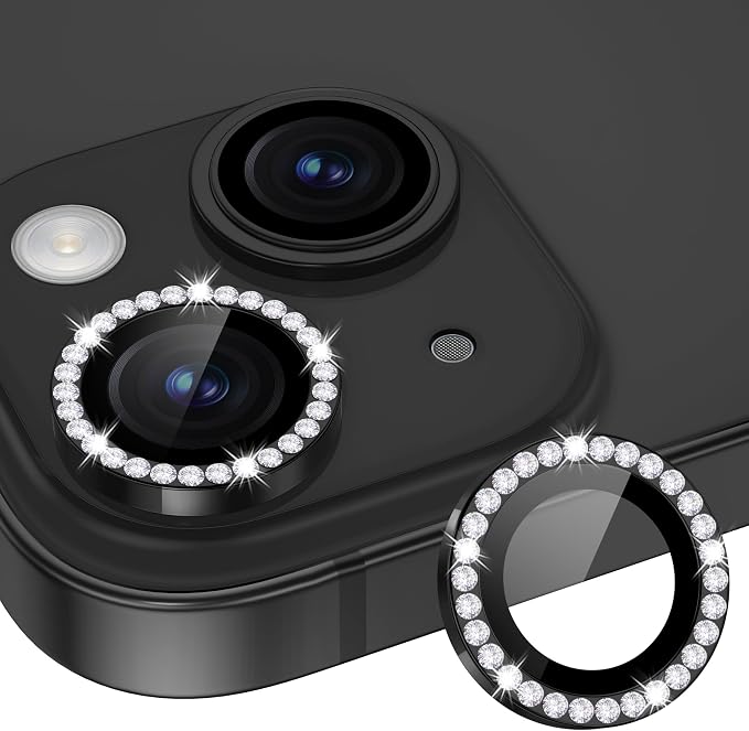 for iPhone 15/15 Plus Camera Lens Protector Bling Diamond, Black | Individual Metal, 9H Hardness, Scratch Resistant, Shockproof, Drop Protection, Case Friendly, Stylish Accessories by Xfilm