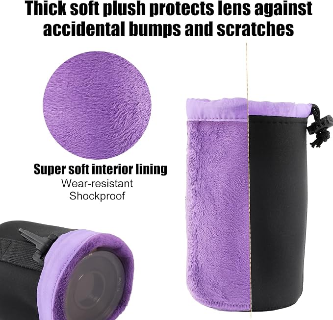 4Pcs Camera Lens Case Bag,4 Sizes Purple Water Resistant Protective Lens Pouch Set With Adjustable Drawstring Rotating Clamp,Replacement Compatible Thick Protective Neoprene for Canon,Nikon,Sony - Image 3