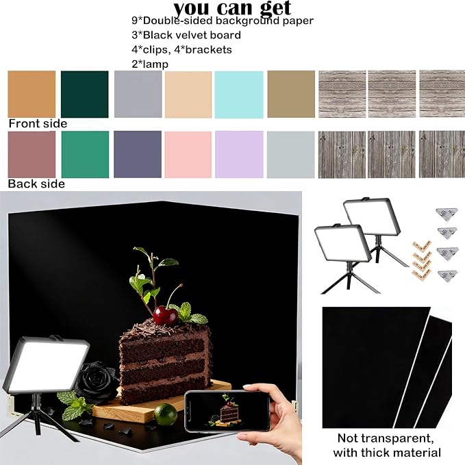 Photo Backdrop Board with 2 LED Lighting Shooting Kit, 14Pcs 28Patterns | 16x16 inch Product Photography Backdrops for Food Jelwery Cosmetics, Anti-Glare Black Flocked Photo Studio Background - Image 2