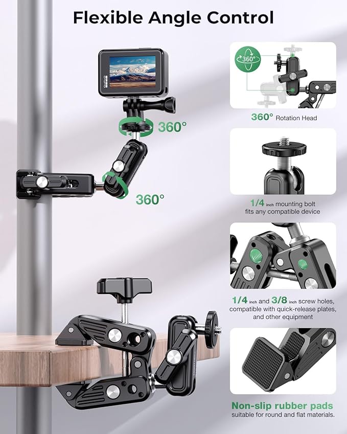 CAMBOFOTO Super Clamp Camera Clamp Mount, 360° Dual Ball Head Magic Arm | Action Camera Adapter & Phone Holder Included, 1/4" & 3/8" Threads for DSLR/GoPro/Lights/Insta360/Tripod/Desk/Handlebar/Pole - Image 3
