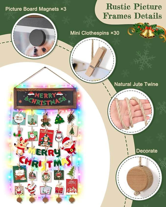 Bikoney Hanging Photo Display with String Lights, Clips & Chalkboard | Rustic Collage Picture Frame for Polaroids, Magnetic Chalkboard, Perfect Dorm Wall Decor & Graduation Gift - Image 7