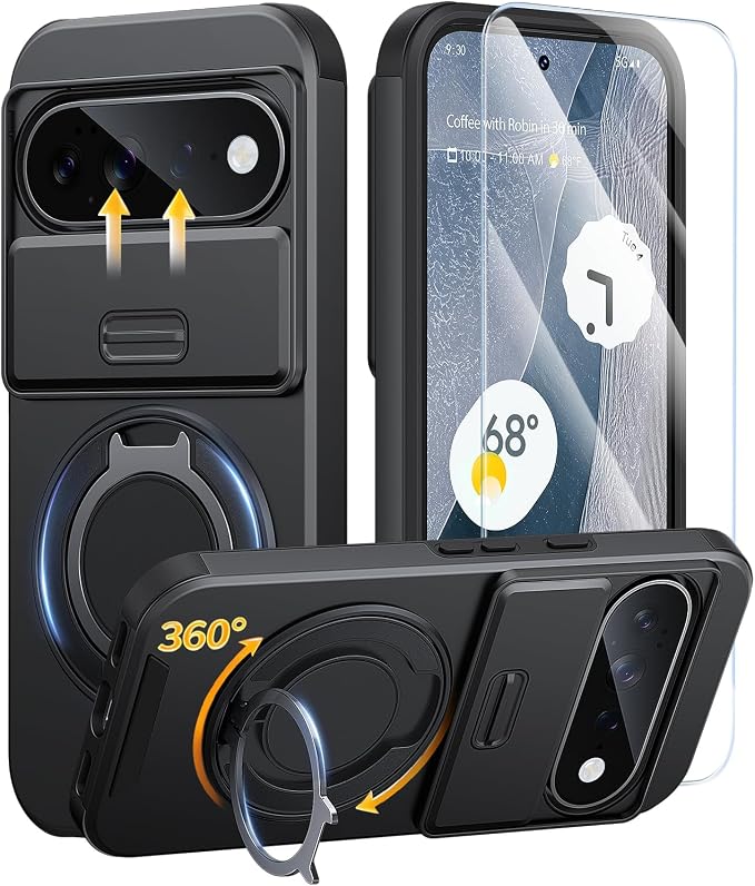 JAME for Google Pixel 10 Pro XL/11 Pro XL Case, Stand & Slide Camera Cover | Ring Holder Kickstand, Screen Protectors, Dual-Layer Shockproof Protective, Magnetic Accessory Friendly Phone Case, Black by JAME