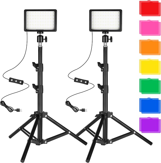 Photo Video Light 2-Pack, Dimmable 5600K USB LED Continuous Lighting Kit | Photography Camera Light with Tripods and Color Filters for Photo Studios, YouTube, TikTok, Video Recording, Game Streaming by Ci-Fotto