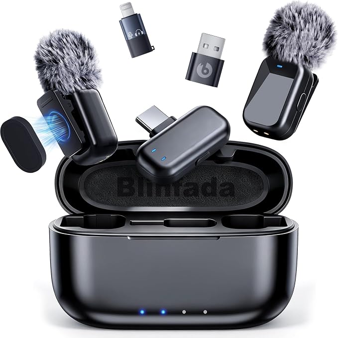 Mini Wireless Lavalier Microphone for iPhone Android Camera, Dual Channel Wireless Microphones with AI Noise Cancellation, 328ft Range, 36H Battery Case, Type-C, Lightning & USB Plug & Play by Blinfada
