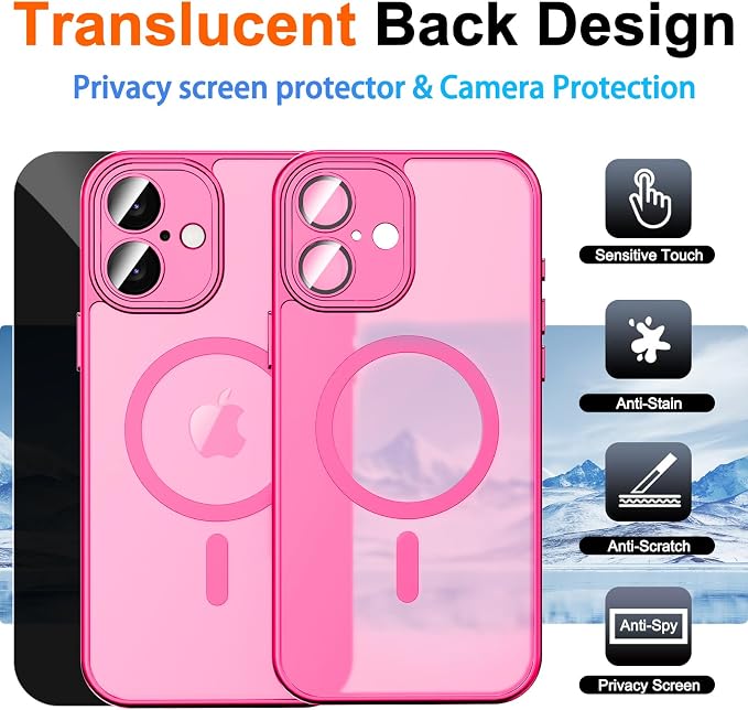 for iPhone 16 Case with Privacy Screen Protector, Hot Pink | Full Camera Protection, Matte Translucent, Magnetic, Compatible with MagSafe, Shockproof Phone Cover, Slim Fit - Image 2