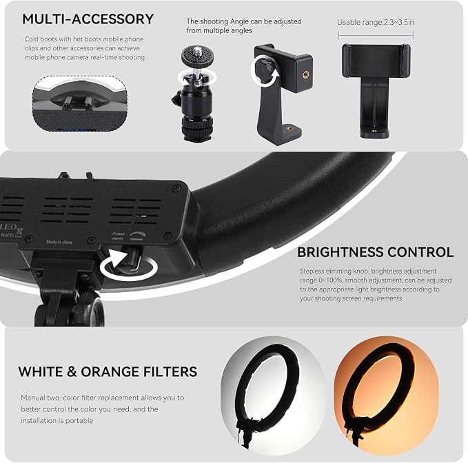 Ring Light Kit 18" 55W 5500k dimmable LED Light, 70inch Foldable Stand, Phone Clip, Short Video, Studio Video Photography Lighting, Spot Lights，Selfie and Live Streaming,You Tube,TikTok - Image 5