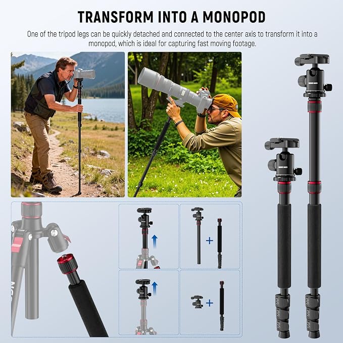 NEEWER Basics Camera Tripod Monopod, 71" Aluminum Heavy Duty Portable Travel DSLR Cell Phone Stand with 360° Ball Head Cellphone Holder Mount Compatible with iPhone for Filming Video Recording, TP15 - Image 6