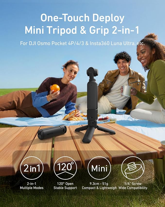 TELESIN One-Touch Deploy Mini Tripod for DJI Osmo Pocket 3 4 4P &Luna Ultra | Reinforced Desktop Stand&Grip with 1/4"Screw for Insta360 Luna Ultra X5/DJI Action 6 5pro Nano/GoPro/Camera/Phone Accessories - Image 2