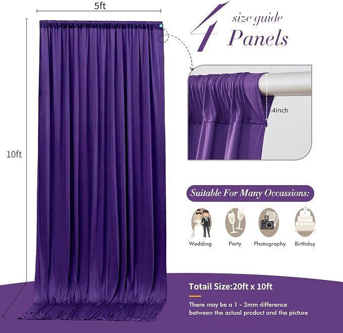 20 ft x 10 ft Wrinkle Free Purple Backdrop Curtain for Parties, 5ft x 10ft 4 Panels Polyester Purple Photo Backdrop Drapes for Wedding Birthday Party Baby Shower - Image 6