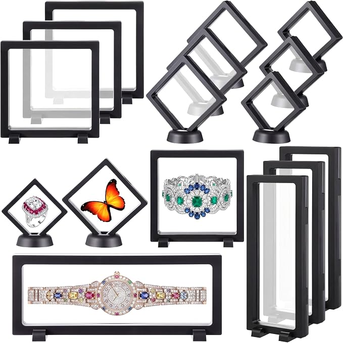 Harloon 12 Pcs 3D Floating Display Case, Black, 4 Size, Square | 3D Floating Frame for Challenge Coins, Medallions, Fossils, Gemstones, Jewelry, Collectibles Shadow Box Display Holder by Muasung
