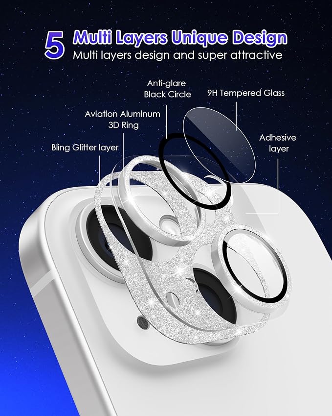Compatible for iPhone 15/ iPhone 15 Plus/iPhone 14/ iPhone 14 Plus Camera Lens Protector GL-Plus Aluminium Alloy Ring 9H Tempered Glass Screen Camera Cover GL-Silver - Image 3