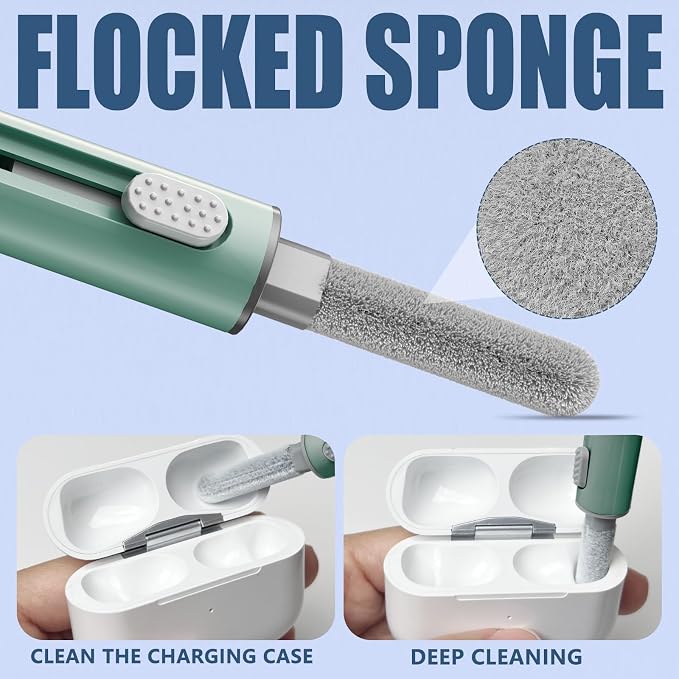 Inesore for AirPod Cleaning Kit, for Phone Earbuds Electronics (Green) | Metal Tip, High-Density Soft Brush, Flocked Sponge Tip, 3 in 1 Design, Compact & Lightweight, Easy Operation, Easy to Carry - Image 3