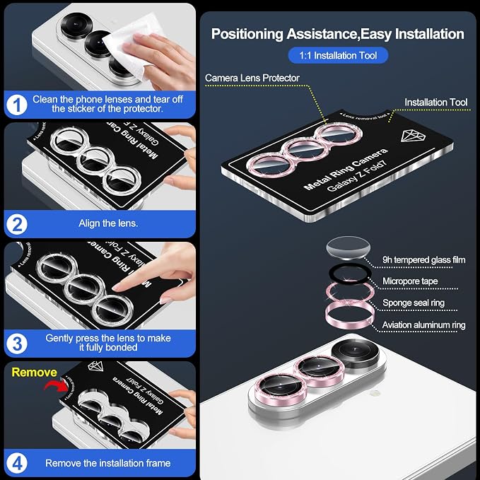 for Samsung Galaxy Z Fold 7 Camera Lens Protector, Individual Metal Ring Tempered Glass Lens Cover, [Strong Adsorption] Scratch Resistant Ultra-Thin HD Clear Lens Cover, 1 Set-Pink Sparkly - Image 6