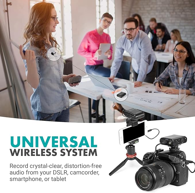 Movo WMX-1 2.4GHz Wireless Lavalier Microphone System Compatible with DSLR Cameras, Camcorders, iPhone, Android Smartphones, and Tablets (200' ft Audio Range) - Image 2