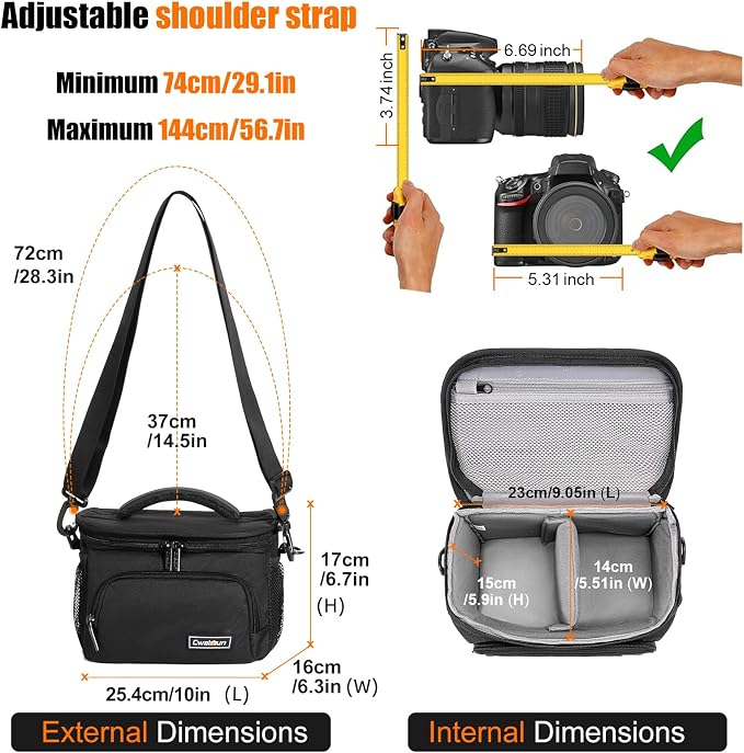 Cwatcun Camera Sling Bag, Waterresistant Crossbody Case for DSLR/Mirrorless | Fits 1DSLR+1lens. 18mm EPE foam, 600D waterproof, adj strap 14.1-26.8", front/side pockets, lightweight 1lb. - Image 4