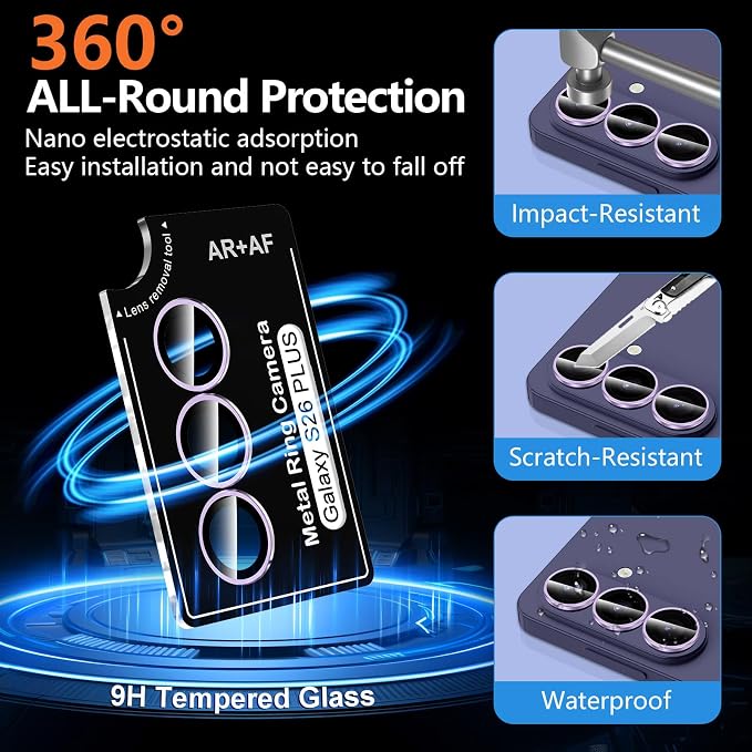 for Samsung Galaxy S26 Plus Camera Lens Protector, Individual Metal Ring Tempered Glass Lens Cover, [Strong Adsorption] Scratch Resistant Ultra-Thin HD Clear Lens Cover, 1 Set-Purple Ring - Image 2
