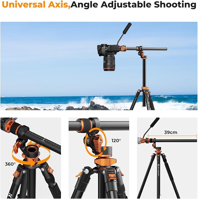 K&F CONCEPT 90''/230cm Horizontal Fluid Head Camera Tripod | Heavy Duty Overhead Shooting Video Tripods, Center Colmun, Detachable Monopod, for Indoor and Outdoor Use T254A7+FH-03 - Image 5