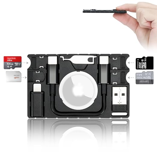 Multi-Functional Micro SD Card Holder for AirTag Portable Cable Card | for 3X TF MicroSD MSD Cards & 1x SIM Card Storage,with USB-C Cable,Type-C to Light & Type-C to Type-A Adapter,w Eject Pin by Kiorafoto
