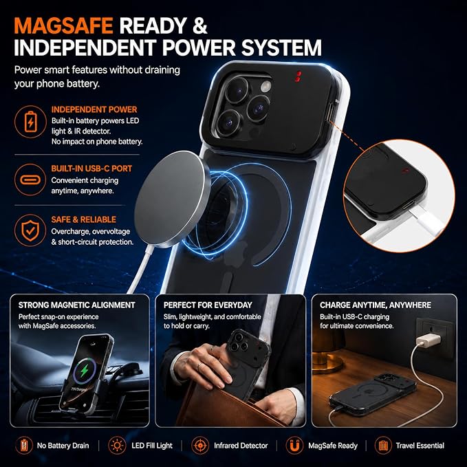 tesha Selfie Light Case for iPhone 16 Pro Max, MagSafe, Camera Detector | 2-Level LED Brightness, IR Hidden Camera Scanner, Drop Protection, Rechargeable Light Up Cover, No APP Needed for Video Vlog - Image 4
