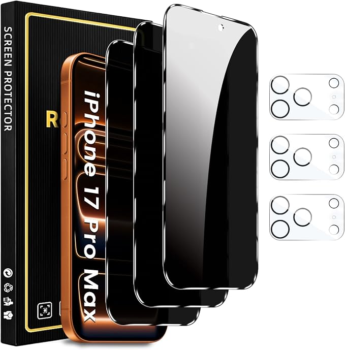 Romkasi 3 Pack Privacy Screen Protector for iPhone 17 Pro Max 6.9 Inch with 3 Pack Camera Lens Protector, Anti Spy Tempered Glass Film, Anti-Scratch, Touch Sensitive, Case Friendly by Unknown