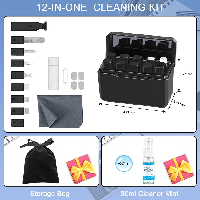 walrfid Cleaner Kit for AirPod, 12-in-1 Earbud Cleaning Kit | with 30ml Screen Cleaner and Camera Lens Cleaning Pen, Multi-Tool for Charging Case Tablet iPad Phone Charging Port - Image 2