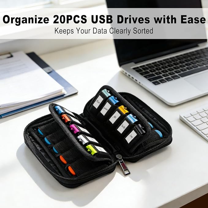 USB Flash Drive Organizer Case 20 Slots Memory Stick Storage Pouch with Zipper Portable Shockproof Neoprene USB Holder for Thumb Drive/Jump Drive/Pen Drive Storage (Black) - Image 2