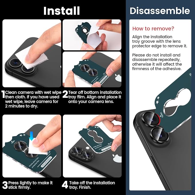 Tensea for iPhone 16/16 Plus Camera Lens Protector, Camera Cover | 9H Tempered Glass Camera Screen Protector, Metal Individual Ring for iPhone16 6.1inch/ 16Plus 6.7inch, HD Clear, Easy Install - Image 7
