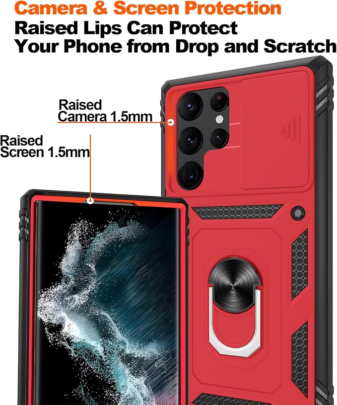 Gritup for Galaxy S22 Ultra Case Military-Grade Shockproof with Kickstand | with 2 PCS Screen Protector, Slide Camera Cover, Heavy Duty Outdoor Protection Funda para Samsung S22 Ultra Cover, Red+Black - Image 5