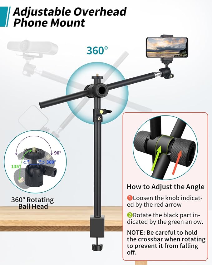 Overhead Camera Mount Desk Stand, Camera Arm Desk Mount Clamp Stand with 360°Adjustable Magic Arm, Webcam Arm Mount Stand w Ballhead Phone Mount for Desk Logitech Microphone Video Light Cell Phone - Image 3